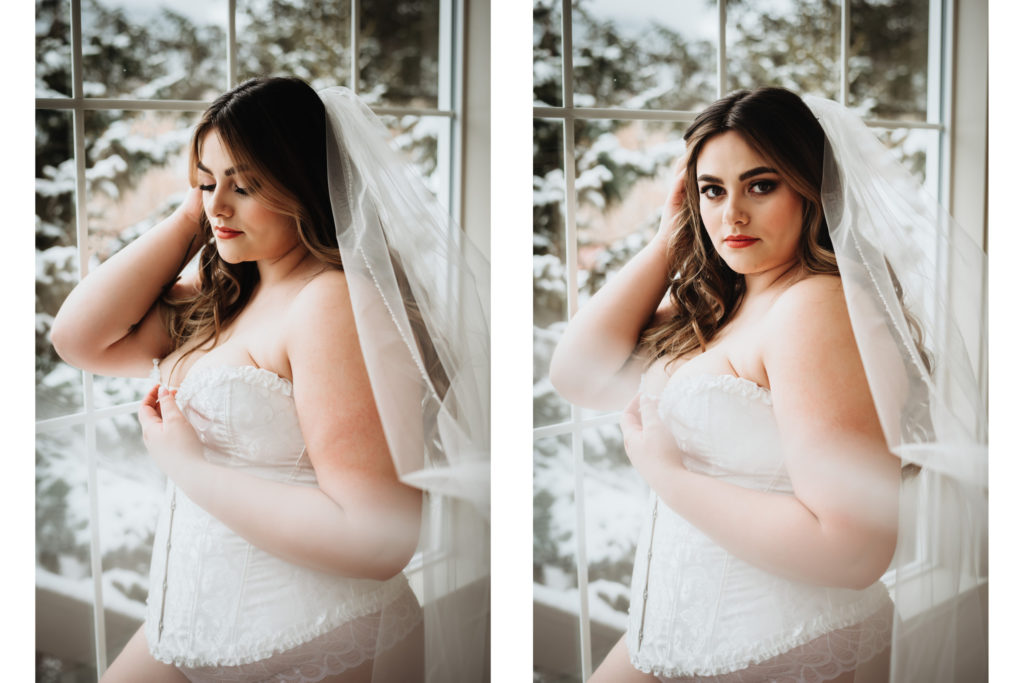bride to be in white corset and veil bridal boudoir