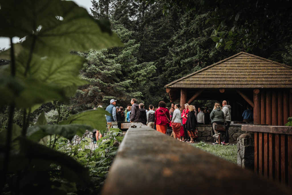 wedding guests gathering near a cabin