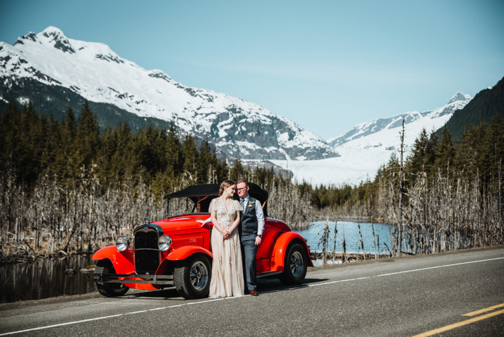 vintage wedding car in front of mendenhall glacier