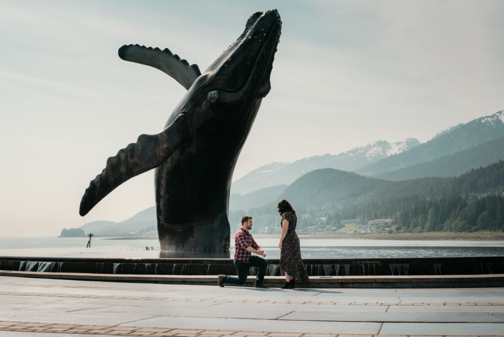 tyler proposes to nikki at the whale statue in juneau alaska