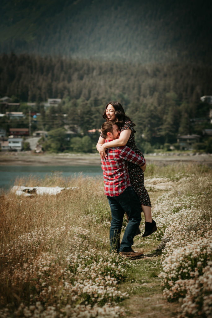 wildflower engagement photos in downtown juneau
