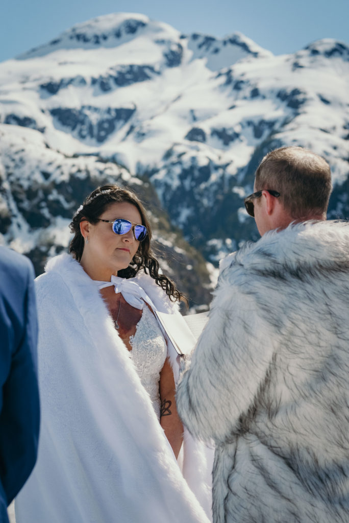 emotional bride during alaska glacier wedding