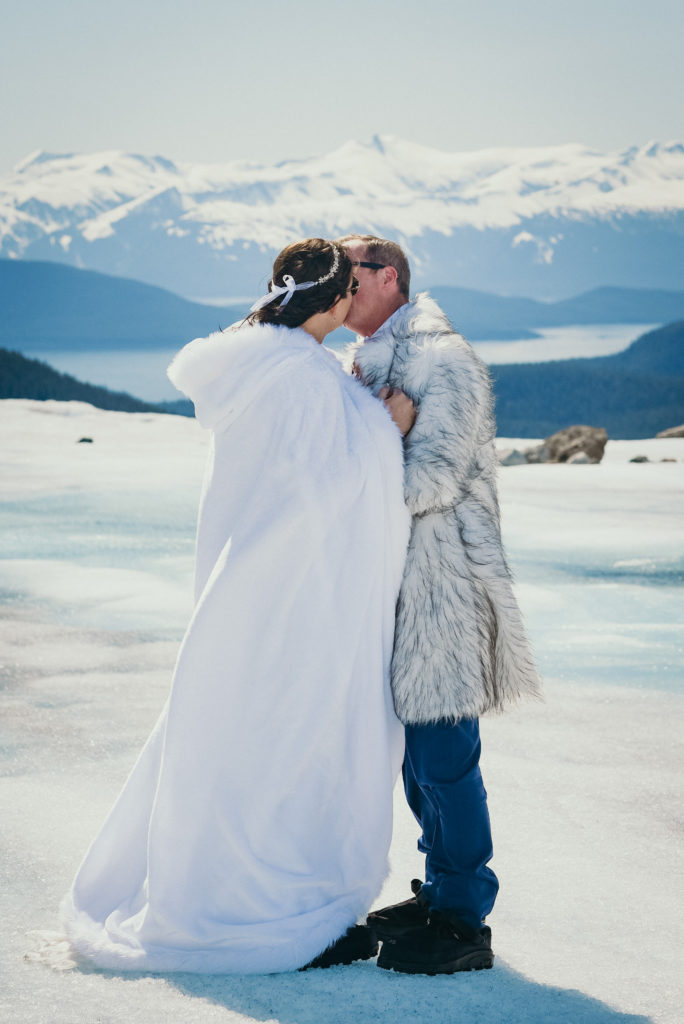 first kiss as man and wife during herbert glacier wedding