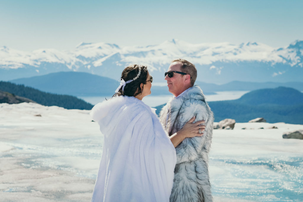 bride and groom on herbert glacier