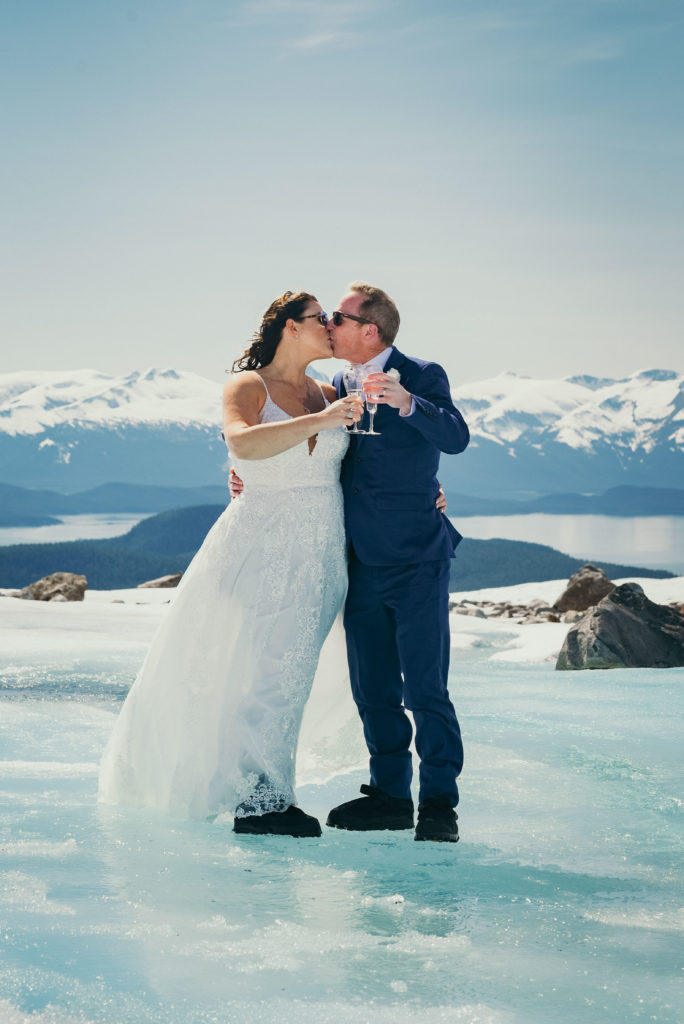 bride and groom glacier water toast