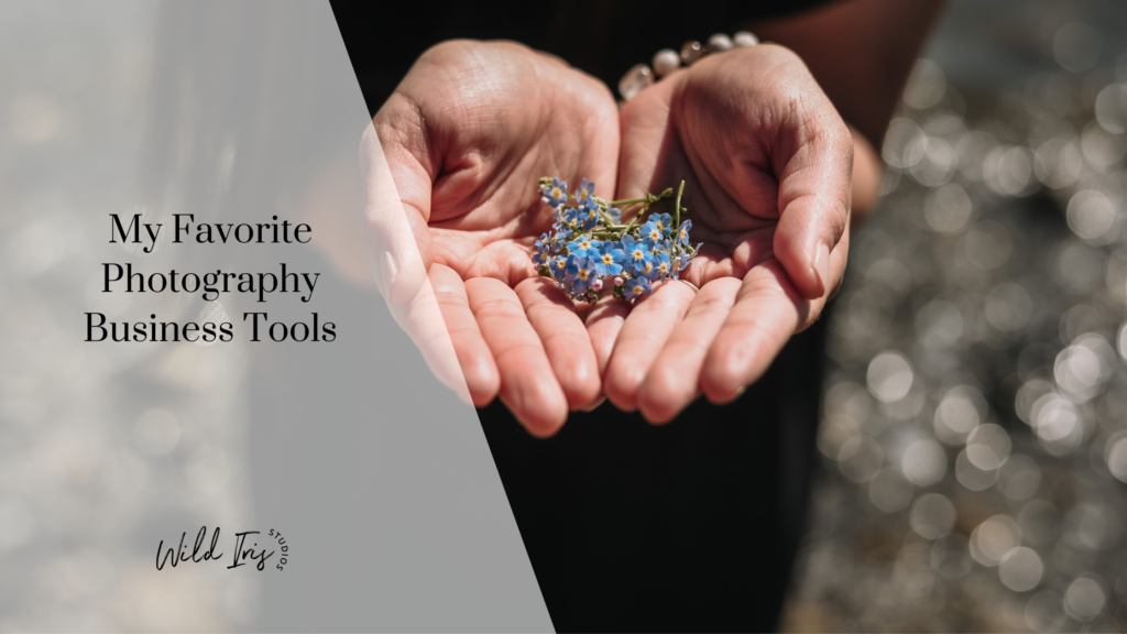 My favorite photography business tools banner image of woman holding forget me knots in her hand.