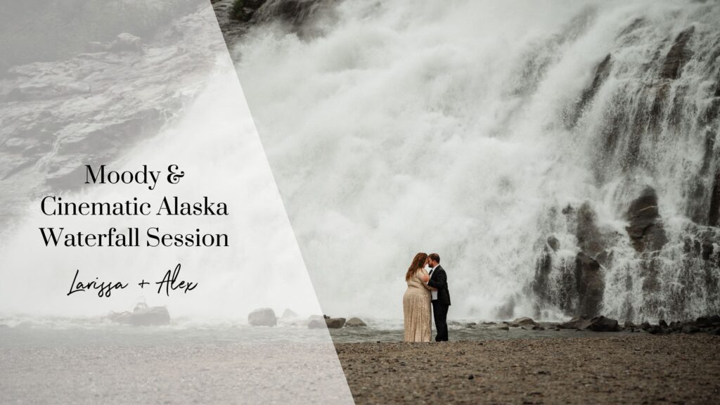moody and cinematic photo of a couples session in front of an alaska waterfall
