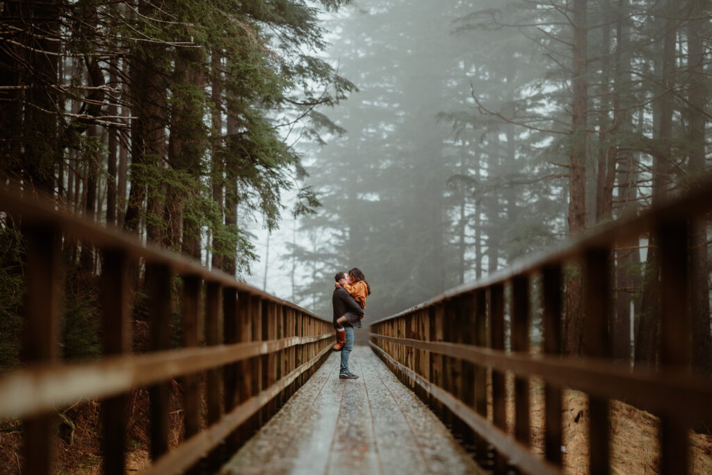 engagement session on flume trail with fog in juneau alaska